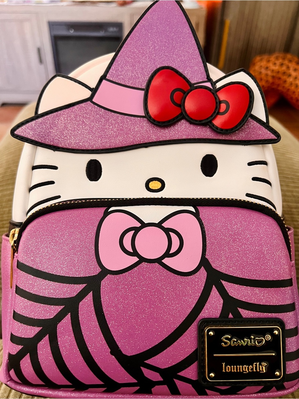 Loungefly Sanrio Hello Kitty Pink Glitter Witch Mini Backpack with Red Bow
